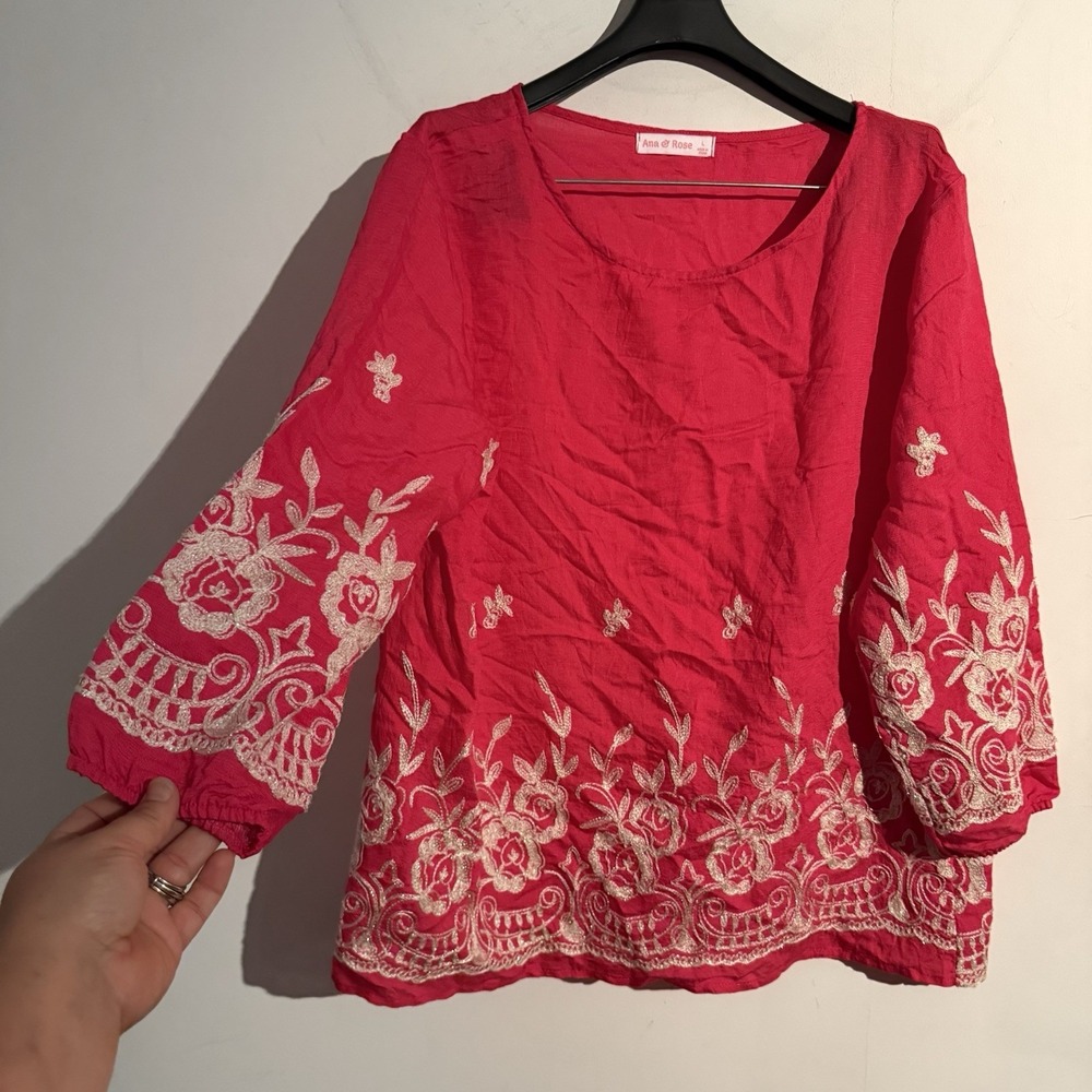 Ana & Rose Large Floral Boho Embroidered Top Pink Artisanal Coastal Peasant